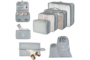 JOPHEK Organizador de Equipaje 9 Sets, Impermeable Packing Cubes Bolsas de Ropa para Mochila y Maleta de Viaje, para Ropa Interior, Zapatos, Cosméticos, Gris