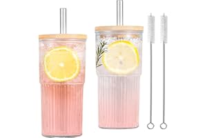Forhandy Szklane kubki o pojemności 650 ml, z pokrywką i słomką, szklanki do picia z pokrywką, duża pojemność, szklanka do kawy mrożonej, szklanka do picia ze słomką i pokrywką, 2 sztuki