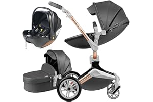 Hot Mom Kinderwagen set mit 360° Drehfunktion, Kombikinderwagen 3-in-1. Ausgestattet mit PU-Reifen und Kunstledersitz und viele weitere Zubehören, Dunkelgrau