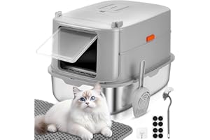 Papettly Arenero Cerrado para Gatos Grande XXL con Tapa, Bandeja de Acero Inoxidable con Bordes Altos, Incl Alfombrilla/Pala/Cepillo, Fácil Limpieza Desmontable