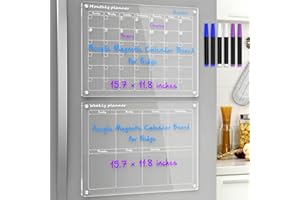 HIIMIEI Monthly and Weekly Calendar for Fridge, 2 Set Clear Acrylic Magnetic Whiteboard for Fridge 15.7” x 11.8”, Reusable Planner Whiteboard Calendar with 6 Dry Erase Markers 3 Colors