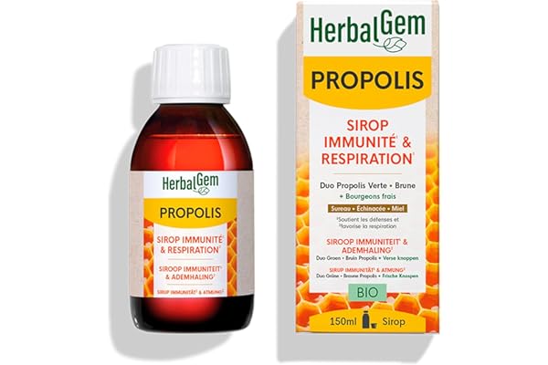 HERBALGEM - Sirop Propolis Adulte - Stimulant Naturel - Confort Des Voies Respiratoires - Enrichi Aux Bourgeons - Certifié Bio - 150 ml