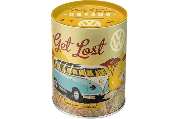 Nostalgic-Art Retro Sparbössa, 1 l, VW Bulli – Let's Get Lost | original Volkswagen license product (OLP), spargris i metall, vintagedesign, Presentidé för VW-Bus-fans