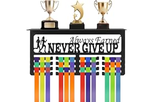 Medal Hanger Display with Trophy Shelf, Rack Frame Wall Mount Medal Hanger, Easy to Install, Metal Awards Rack for Walls Holds 64+ Sports Medals, Our Never Give Up 16" Medals Holder
