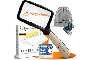 LupenRhein® Große Lupe mit Licht inkl. Batterien - Klappbare Leselupe mit Licht für Senioren groß - 3X Vergrößerungsglas - Handliche Leselupe für Senioren groß mit dimmbaren Licht
