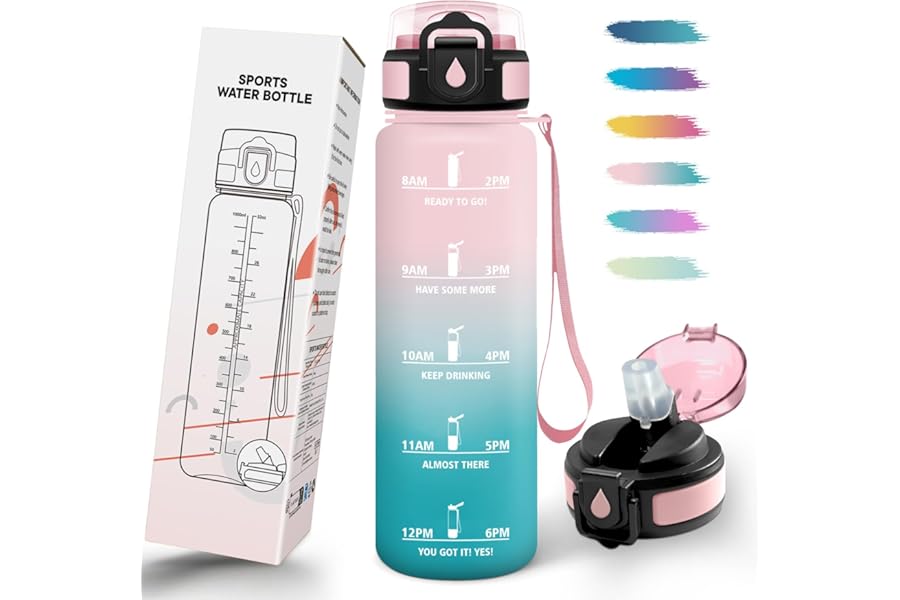 Mulbijeo 1 Litre Water Bottle, Libre de BPA, Water Bottles with Straw, Leak Proof & Reutilizables, Gym Water Bottles, Portable, Motivational Water Bottle for Camping, Gym, Office, Party