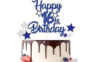 Gidobo 16th Birthday Cake Toppers, Blue Glittery Cake Decorations with Stars, Sixteen Years Old Birthday Party Supplies for Boys and Girls