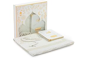 ‎IHVAN ONLINE ihvan online Gebetsgeschenk Set für Männer und Frauen, Muslimischer TAFT Gebetsteppich, Yaseen Buch, Salah Matte, Perlen Rosenkranz, Islamisches Geschenk für Ramadan & Eid & Mitgift, Weiß
