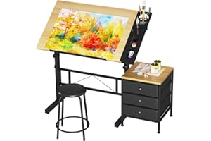 ‎DRIPEX Dripex Zeichentisch 0-60° Neigbar Architektentisch Verstellbarer Tischplatte Höhenverstellbar Arbeitstisch Zeichnung Computertisch mit Hocker und Schließfächern für Office und Home Holzfarbe