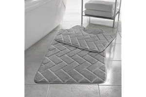 HOMES-LINEN Block Bricks Bath Mat Set Non Slip Pedestal Set Extra Absorbent 100% Memory Foam Bathroom Toilet Mat Rug Set (Silver)