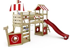 WICKEY Aire de Jeux StormFlyer portique en Bois avec balançoire et Toboggan Rouge, Tour d'escalade pour Enfants avec bac à Sable, échelle et Accessoires de Jeu pour Le Jardin.