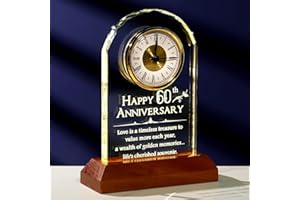 Arikyrist 60th Wedding Anniversary Diamond Gifts for Parents Grandparents, Happy 60 Years of Marriage Glass Engraved Keepsake Desk Clock with LED Light Stand Wedding Presents for Couples