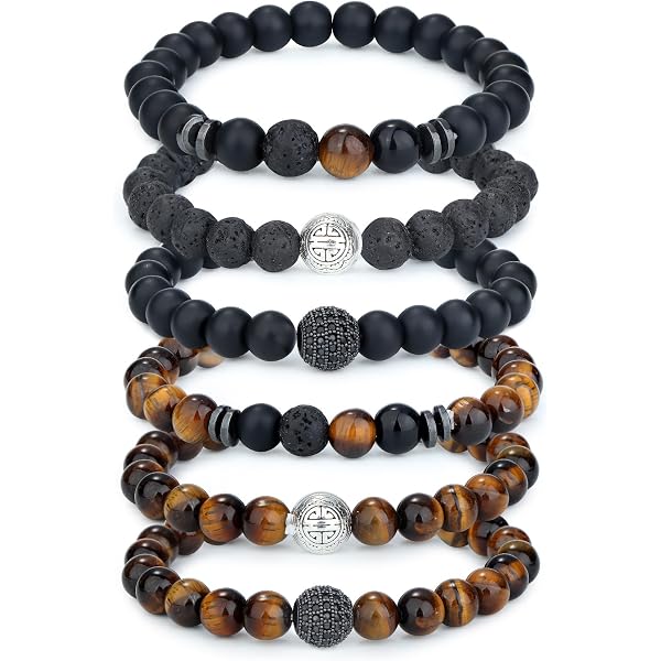 Set 2 Bracelets Perles Homme - Pierre Volcanique Noire Et œil De Tigre - Perles 6 Mm, Réglable