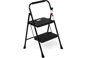 Mabel Home Scala pieghevole a 2 gradini con pedale antiscivolo e largo, piccola scala con manico, scala in acciaio robusta, scala leggera e portatile, colore nero