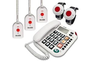 G-TELWARE MAXCOM KXT481SOS 2023-2024er Modell Haus Notruf Seniorentelefon mit Funk-SOS-Sender, Festnetztelefon - 2 Armbandsender + 3 Handsender mit Schlaufe, Carbonschwarz, Standard