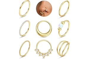 Adramata 8Pcs Piercing Nez Acier Chirurgical Piercing Septum Hypoallergénique Piercings Nez Anneaux Fermoir Clicker - Bijoux pour Piercings Lèvre, Cartilage, Oreille (Conch, Tragus, Helix) Or/Argent