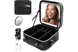 BRITPICK Travel Makeup Bag, Cosmetic Storage Organiser Box with Removable Mirror&Led 3 Colors Modes Light, Vanity Case with Adjustable Dividers Compartment for Women(Including10X Magnifying Mirror)