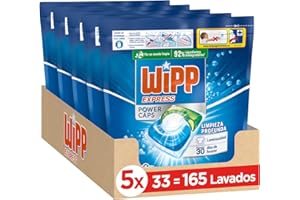Wipp Express Power Caps Detergente en Cápsulas para Lavadora, Pack de 5, Total 165 Dosis, Limpieza Profunda, Eficaz en Agua Fría