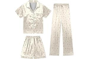 SoLu DAY8 Ensemble Soie Enfant Fille 3 Pieces 3-13 Ans Cute Satin Chemise Boutonnée à Manches Courtes + Shorts+ Pantalons Ado Fille Confortable Léger