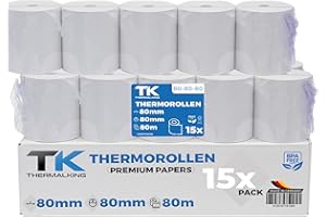 ‎TK THERMALKING Pack of 15 Premium Thermal Rolls 80 mm x 80 mm x 12 mm - Thermal Paper Receipt Rolls (80 80 12) - Certified for Cash Printers such as IBM, Metapace and much more