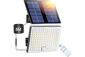 Giliwosy Focos Led Exterior Solares, Luz Solar Exterior con Sensor de Movimiento con Control Remoto, 2000mAh Batería Recargable, 4 Modes, IP65 Impermeable, Cable de 5M, Luces Led para Jardín, 1 Pieza