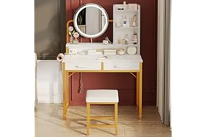 ODK Schminktisch mit LED-Lichtern, Verstellbare Helligkeit & Höhenverstellbar für 120-180 cm, Makeup Desk with Stool, 2 Stoffschubladen und 4 offene Fächer, 80×40×136cm, Weiß+Glod