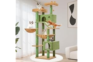 Taoqimiao Tiragraffi per Gatti, 180cm Stabile Tiragraffi per Gatti Adulti xxl con 2 Grotte,1 Amaca, 1 Cestini, 8 Pali Graffiatoi, 2 piattaforme, Materiale di Flanella Morbida, Verde MSC026L
