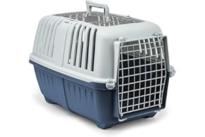 lionto Transporter dla psa z tworzywa sztucznego i kratką metalową, 58,5x35,5x40 cm, z uchwytem i zamknięciem, idealny także dla kota i małych zwierząt, do 15 kg, niebieski