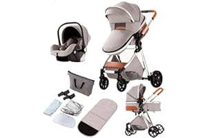 Reenborn Passeggino Trio, Passeggino 3 in 1 con Due Modi Reversibili Spingere, Trio con Telaio Alluminio Paesaggistico Alto, Trio Passeggino Neonati con Design Pieghevole in Un Clic (V9 Light Grey)