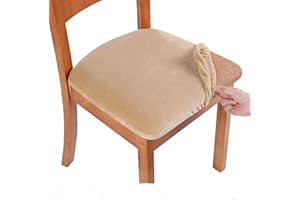 smiry Stretch Chair Seat Covers for Dining Room, Velvet Dining Chair Seat Protectors Chair Slipcovers, Set of 6, Beige