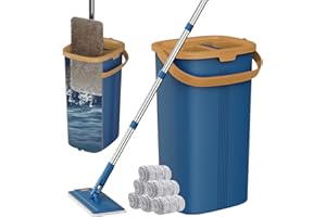 BESTYKS Juego de fregona con cubo, juego de 6 almohadillas de microfibra y mango de acero inoxidable de 138 cm, mopa plana con función de escurridor, juego de fregona, cubo de limpieza con mopa, mopa de suelo