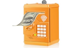 Qwifyu Piggy Bank for Boys Girls, Kids Safe Money Bank for 4 5 6 7 8 9 10 Year Old Girl Boy Birthday Gift,Electronic Password Money Saving Box ATM Safe Bank Toys for Kids (Orange)