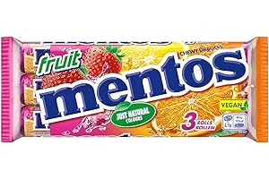 ‎MENTOS Mentos Fruit Dragees, Frucht-Bonbons Orange, Zitrone und Erdbeere, Kaubonbons mit fruchtigem Geschmack, Süßigkeiten (3 Rollen), vegan
