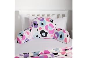 OHS Leopard Print Kids Cuddle Cushion, Reading Pillow for Beds Sofa Supportive Soft Cosy Teddy Fleece Gaming Cushion with Arms Backrest Relaxing Comfy, Pink