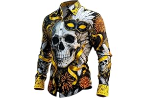 GENERIC Herren Hemd Langarm Karneval Fasching - Buntes Partyhemd mit 3D Druck Motiv, Totenkopf Mardi Gras & Retro Design, Lustiges Kostüm Button-Down Freizeithemd für Festival