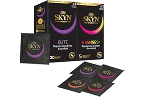 SKYN Elite Condoms Pack of 30 & 5 Senses Pack of 5 / Skynfeel Latex Free for Men, Ultra-Thin & Soft, Raised Dots, Cocktail Flavoured, Warming, Cooling