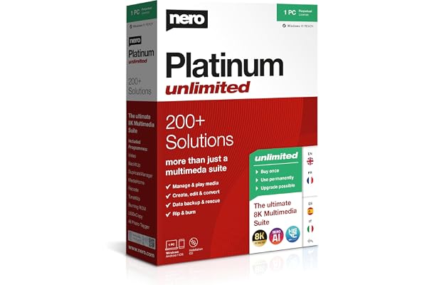 Nero Platinum Unlimited | Boîte de détail avec CD | Édition vidéo | Gérer et lire les médias | Intelligence artificielle | 8K | Photos | Musique | Réglage du PC | Windows 11 / 10 / 8 / 7