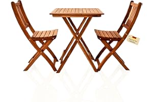 Loreno 3-TLG. Gartenmöbel Set 60x60 cm – Blossom – Klappbar, massives Akazienholz, 1 Tisch + 2 Gartenstühle – Perfekt als Balkonmöbel, Gartenmöbel aus Holz für kleine Gärten, Terrassen & wenig Platz