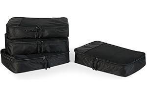 AMAZONBASICS Amazon Essentials 4-Częściowy Zestaw Akcesoriów Podróżnych do Pakowania, Organizer na Bagaż z Podwójnym Zamkiem, Siateczkowa Klapa Górna, 100% Poliester, Średni, Czarny (Wcześniej Amazon Basics)