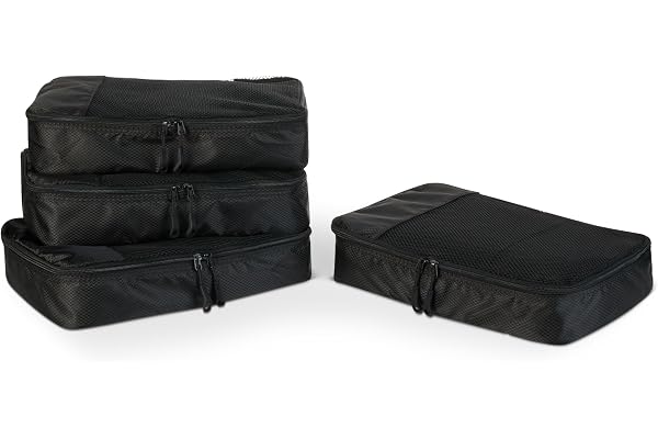 Amazon Essentials Ensemble de 4 Cubes de Rangement, Organisateurs de Voyage avec Double Fermeture Éclair, Dessus en Maille, 100% Polyester, Taille M, Noir (Anciennement Amazon Basics)