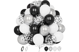 BALLOON DANCE Luftballons Schwarz Weiß Silber, 60 Stück 12 Zoll Matt Schwarze Weisse Metallic Silber Konfetti Latex Helium Ballon Set mit Band für Männer Jungen Geburtstag Hochzeit Babyparty Jahrestag Dekoration