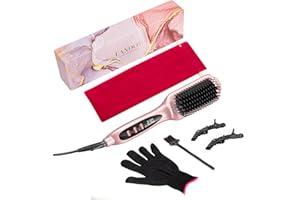 LANDOT Heated Straightening Brush Hair Straightener: Negative Ion Ceramic Straighteners Brush - Hot Flat Iron Brush for Smooth Frizz-Free Hair - Dual Voltage Anti-Scald Fast Heating