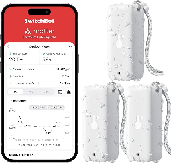 SwitchBot IP65 Hygromètre Thermomètre Intérieur Extérieur, Portée Bluetooth de 100m, Capteur d'Humidité/Dewpoint/VPD/Absolu, Stockage de Données Gratuit à Exporter, 2 Ans de Durée de vie des Piles - 1