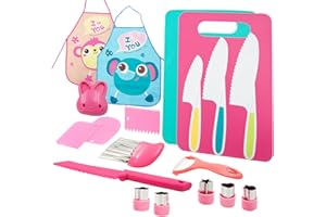 Aolkee 19-częściowy zestaw noży do krojenia dla dzieci, zestaw kuchenny dla dzieci z kształtem noża do owoców, deska do krojenia, fartuch