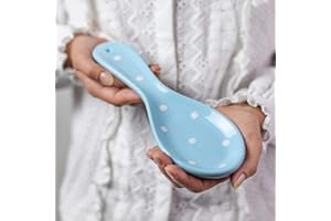 City to Cottage Spoon Rest for Stove Top, Large Ceramic Spoon Holder for Kitchen Counter, Cooking Utensil Rest for Countertop, Handcrafted Sky-Baby Blue Polka Dot Spoon Rest for Ladle, Spatula, Tong