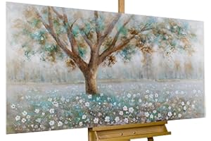 KunstLoft Tableau peinture moderne | 100% PEINT À LA MAIN | 140x70cm | Peinture sur toile 'Murmure de l'arbre' | Arbres & forêt | Blanc Marron | Deco murale salon