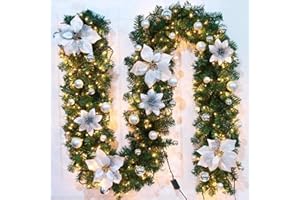 YKGUTILU Christmas Garland with Lighting, 270 cm, Warm White - Artificial Christmas Decoration for Interior, Fireplaces, Stairs, Wall & Door Home Decorations (Silver)