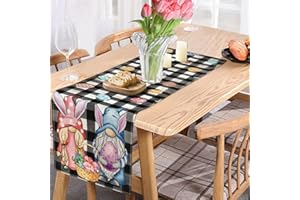 COFLINK Happy Easter Bunny Table Runner, Spring Seasona Linen Easter Tablecloth with Cute Patern, Kitchen Dining Table Cloths for Home Party Decorations (Black White-Gnome, 13-72 Inch)
