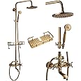 gotonovo Exposed Bathroom Shower Faucet Wall Mounted Outdoor Shower System 8 Inch Shower Head and Tub Spout Double Cross Handles Adjustable Handheld Sprayer with Shower Shelf Antique Brass