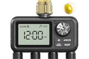 Xtsuen Ordinateur d'irrigation, minuteur d'arrosage avec Retard de Pluie/Mode Automatique et Manuel, IPX5 étanche/Grand écran LCD, minuterie d'eau pour Jardin, pelouse (4 Sorties 1T)